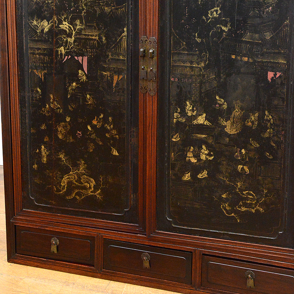中国美術 年代物 紫檀材 唐木器局棚 唐木家具 花鳥図 煎茶棚