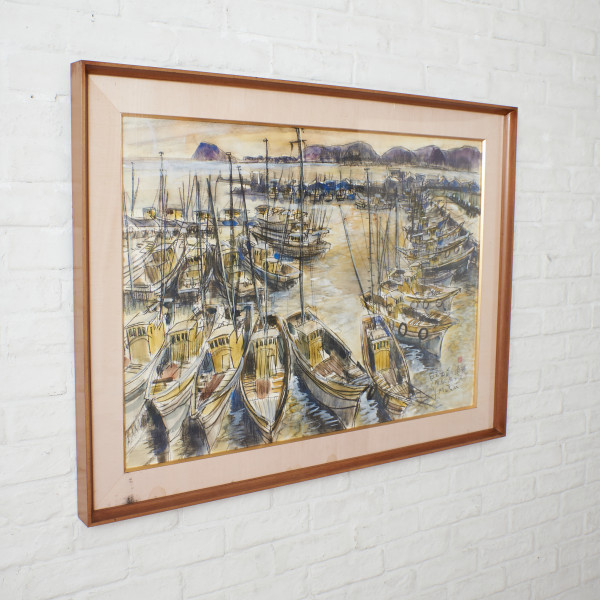 作家物 額装「日の出前の漁港」水彩画